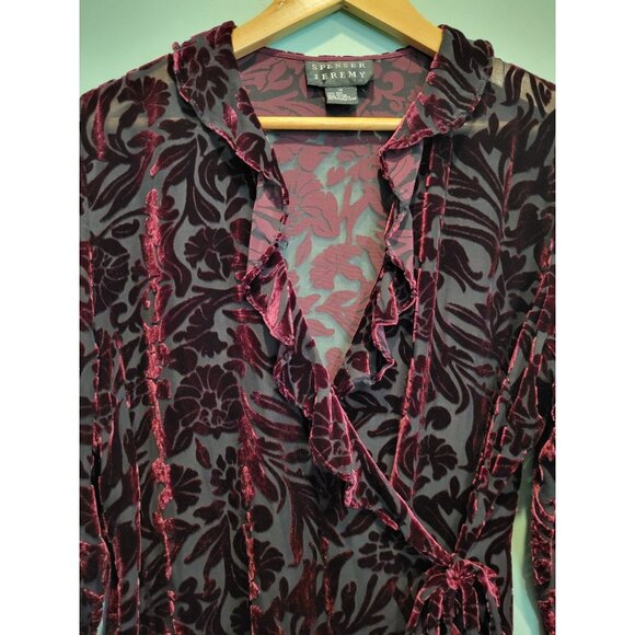 Vtg Burgundy Burnout Velvet Semi Sheer Ruffle Fairygrunge Wrap Top Sz 14 - Picture 2 of 7